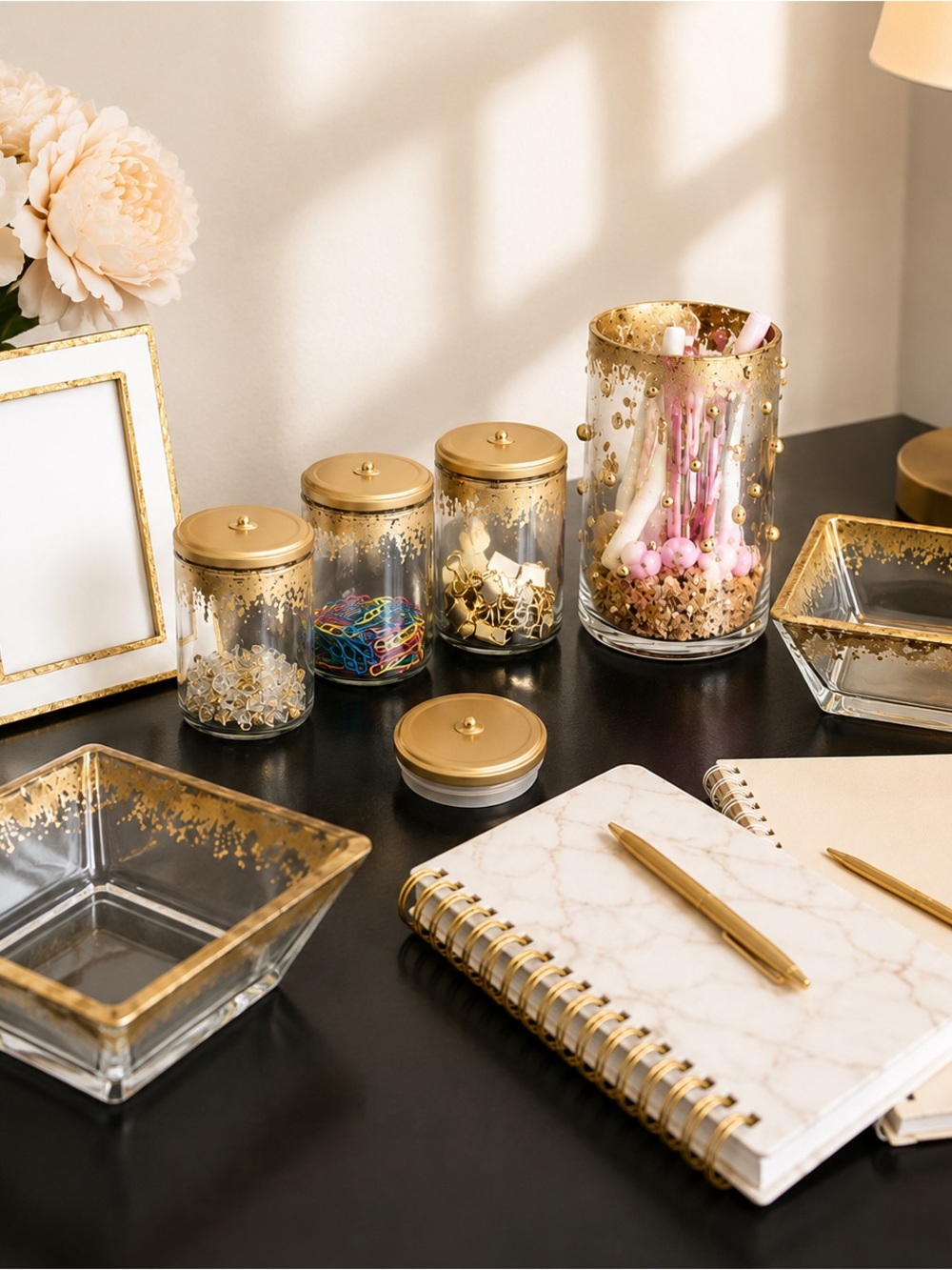Gold & Glass Office Desk Organizer Set/ Glam Office Decor Set